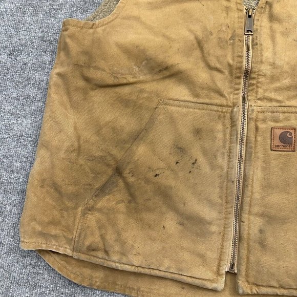 Carhartt Canvas Duck Vest Men Large Full Zip Sherpa Lined Distress Brown V26 CML - Picture 4 of 13